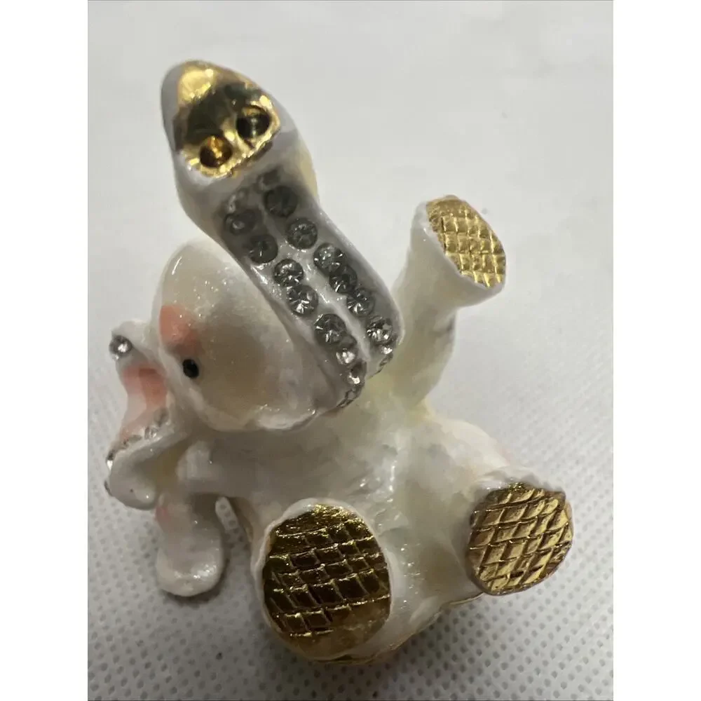 Bejeweled Enamel Hinged Trinket Box White Gold Lucky Baby Elephant w Rhinestone